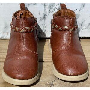 Oshkosh Toddler Brown Leather Braided Ankle Boots With Side Zippers  Rubber Sole
